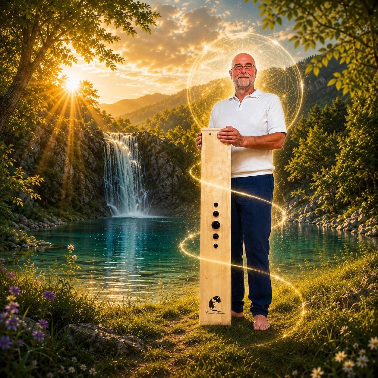 René Penkin hält einen Cosmic Tower, im Hintergrund ein Wasserfall im Abendlicht